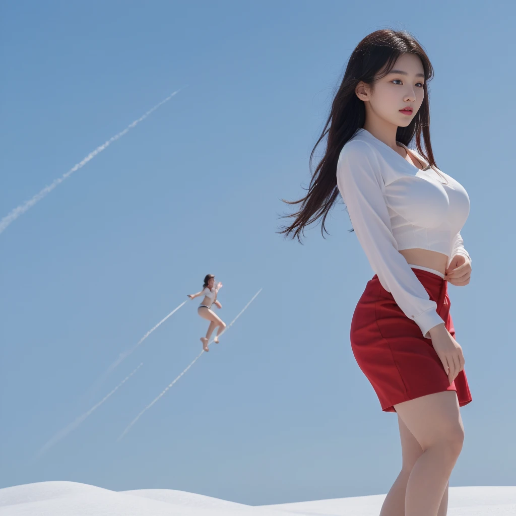 A young 18 year old korean women with massive boob in snow white contume, photorealistic,cinematic, high resolution, dynamic pose, fullbody with natural liting, realistic