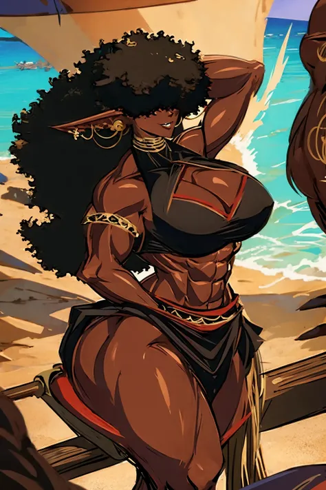 (masterpiece, best quality:1.2),1 girl, voluptuous body, full body, masterpiece, dominant pose, good anatomy, no extra limbs, big ass, thick thighs, black hair, voluminous afro, pointy ears, gold earrings, black top with red details, black skirt with red d...