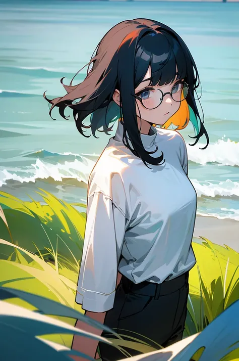 multi-color haired, two toned hair, young female, water in the background, surrounded by grass, beach background, white shirt, bangs covering head, medium length hair, black pants, one female, lean build, glasses, upper body