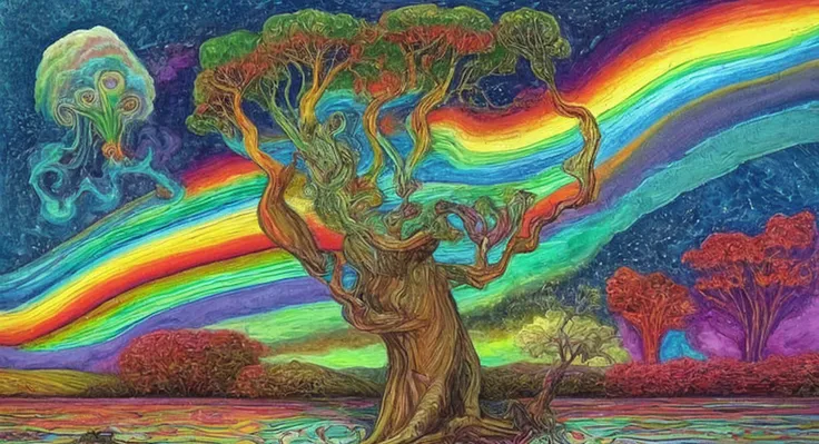 a tree and a rainbow sky