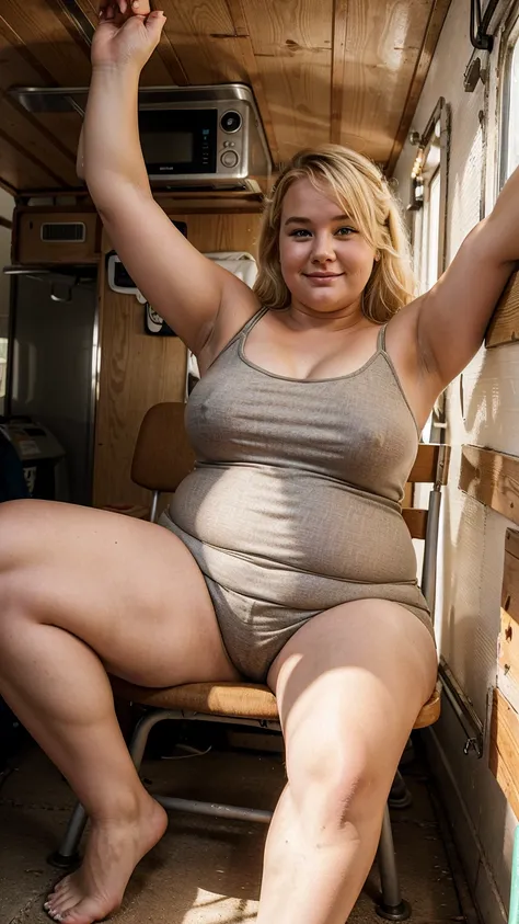 A chubby 25-year-old blonde woman is sitting on a run-down chair in a trailer home. Her limbs are stretched out all over the place, and there is a beer can in one hand. She looks tired yet happy. 