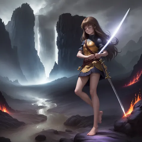 Full-body, Frisk from Undertale, closed eyes,  long brown hair, ((barefoot)), smiling softly, holding a sword, at a lava river inside a cave, big castle on the background, dark skies scene, shadows, shade, masterpiece, best quality, ultra detailed everythi...