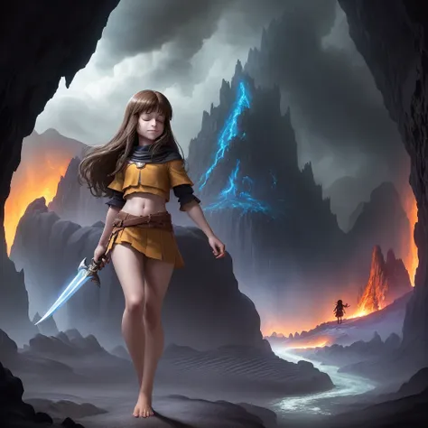 Full-body, Frisk from Undertale, closed eyes,  long brown hair, ((barefoot)), smiling softly, holding a sword, at a lava river inside a cave, big castle on the background, dark skies scene, shadows, shade, masterpiece, best quality, ultra detailed everythi...