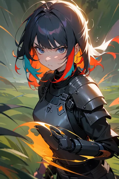 multi-color haired, two toned hair, young female, water in the background, surrounded by grass, lava background, white shirt, bangs covering head, medium length hair, black pants, one female, lean build, upper body, serious face, armor padding on body