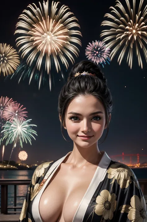 masterpiece, best quality, extremely detailed, hyperrealistic:1.1, photorealistic, a beautiful 20s russian model, ultra detailed face:1.1, white japanese yukata, black kimono cardigan, half updo, black hair, fireworks festival, detailed fireworks:1.1, fire...