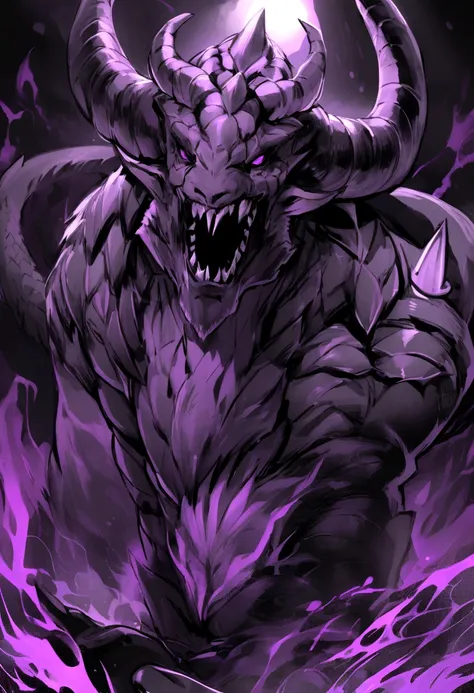 The dragon that like a buffalo with dark aura , dark purple scale , purple eye , sharp tooth and nail , long tail