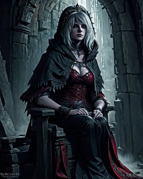 (best quality), (masterpiece), (high resolution), [:intricate details:], (detailed background) Ashely Graham, a hooded woman sitting on a throne with skulls around her, she has red eyes,her outfit has red color, her skin is white like a vampire, dark fanta...