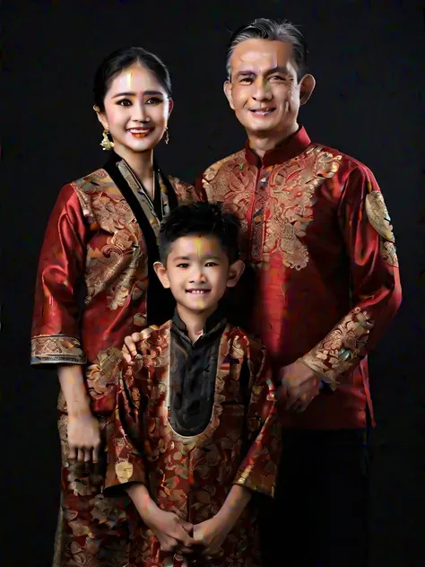 Indonesian family studio photo portrait father (height 160cm, age 60 years) mother (height 150 cm age 50 years) elegant batik clothes placed in the front center. between father and mother there is a daughter (height 165cm age 29 years), the first son (heig...