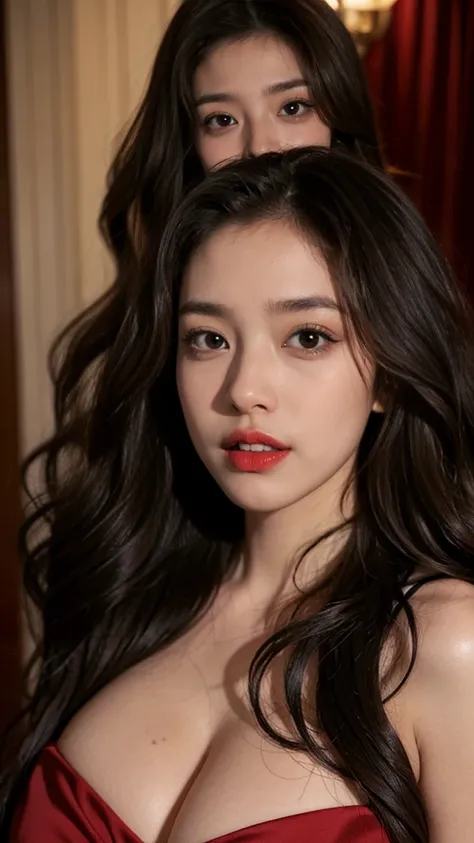 wavy and long hair，Heavy makeup，Red lips，mature，gigantic cleavage breasts