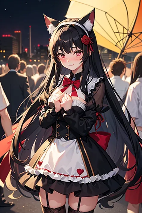 18 yeas old, girl, black hair, long hair, slim, big tits, narrow red eyes, cute, cat ears, (embarrassed,  blush:1.2), (think:1.2), (smile:1.3), sailor uniform, See-through, ribbon, fishnet, garter belt, frills, Kneesocks, high heels, blue rose, headdress, ...