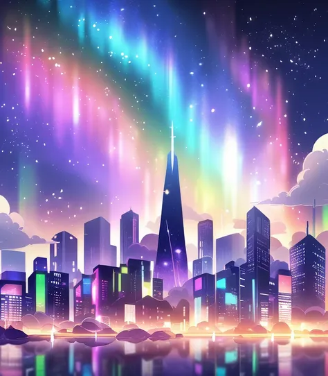 Night city，Starry Sky，Colorful Aurora