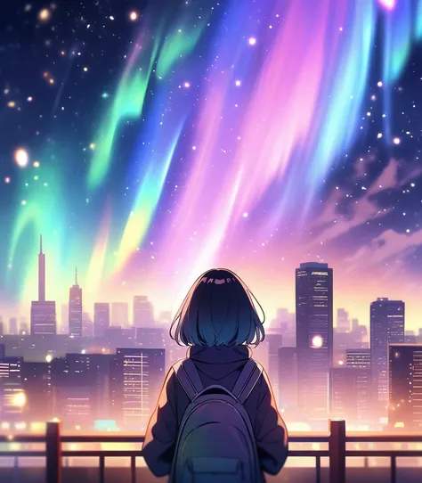 Night city，Starry Sky，Colorful Aurora