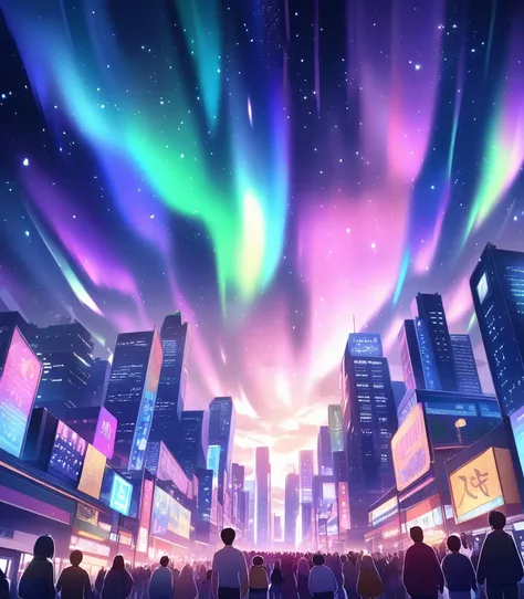 Night city，Starry Sky，Colorful Aurora