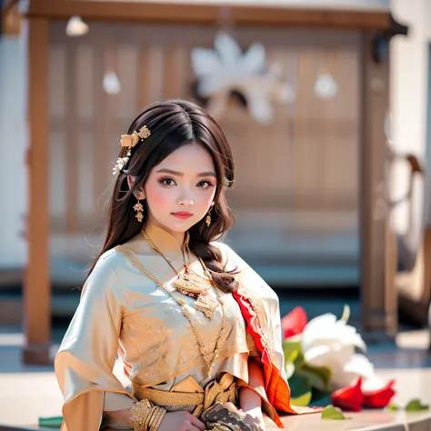 fat girl, black hair, black eyes wear a red traditional thai dress with gold lace pattern.