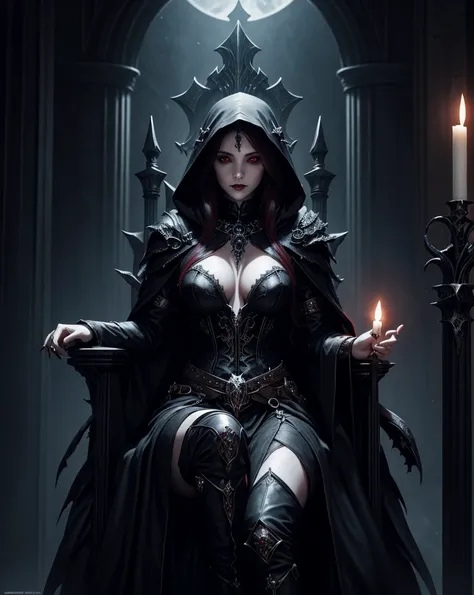 (best quality), (masterpiece), (high resolution), [:intricate details:], (detailed background) a hooded sex vampire woman sitting on a throne with skulls around her, she has red eyes,her outfit has red color, her skin is white like a vampire, dark fantasy ...