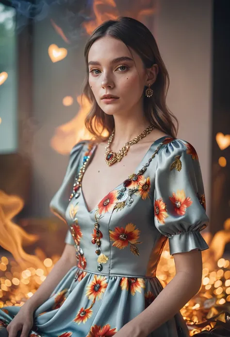 Gloomy and dreamy portrait of summer dress, silk, flowers, fire, studio photography, product photography, robot, Gucci, Linear Prism FX Filter, 50mm, backlight, metallic chrome, emoji hearts, soft-focus, haze, accurate, photo real, hd