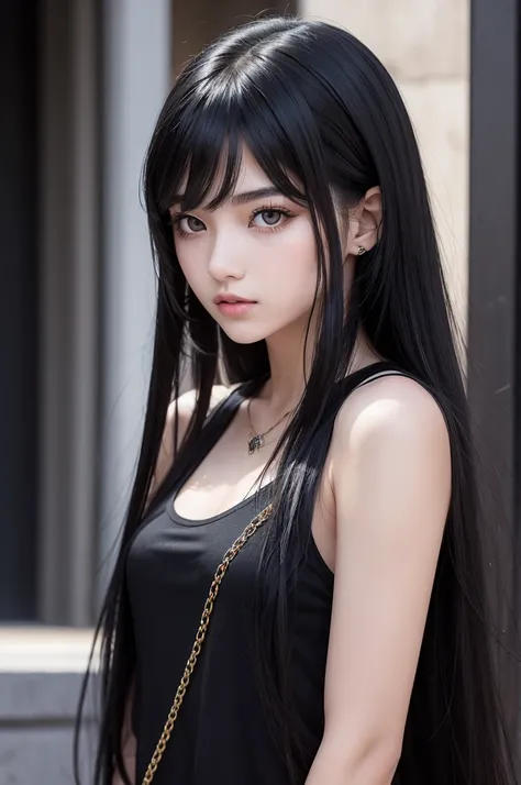 a girl with rebellious features, long black hair, light eyes, wearing low-cut black clothes and lots of accessories, and a 17-year-old student