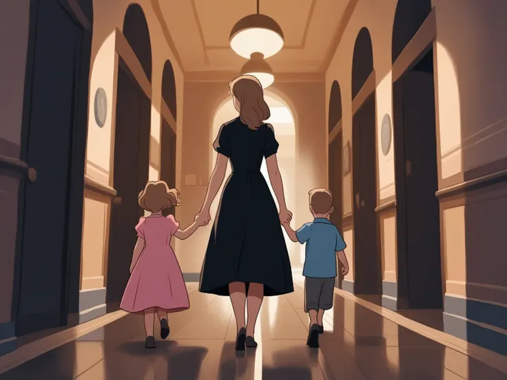 childrens picture books,crayon paintings, , woman black dress, walking holding the hands of her son, blue t shirt and daughter pink dress in an administration hallway, old german style, indoor,
