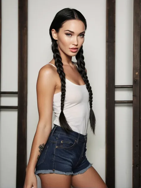 a realistic instagram photo of a [ really beautiful exotic androgynous supermodel 19 year old woman] , with [long, dark hair in sleek braids] , looks like [Megan FOX] and [Adriana Lima], light makeup, looking [innocent, cute, flushed] , full body , smille ...