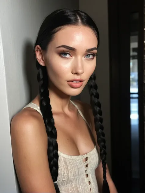 a realistic instagram photo of a [ really beautiful exotic androgynous supermodel 19 year old woman] , with [long, dark hair in sleek braids] , looks like [Megan FOX] and [Adriana Lima], light makeup, looking [innocent, cute, flushed] , full body , smille ...