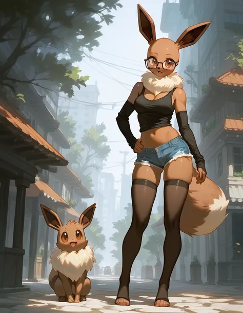 solo, score_9,score_8_up,score_7_up, an anthro furry female eevee pokemon, brown eyes, bald, tall slender body, wearing black ta...