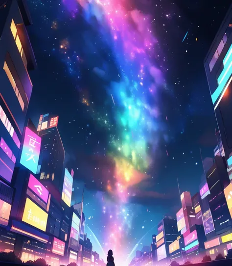 Night city，Starry Sky，Colorful sky gap