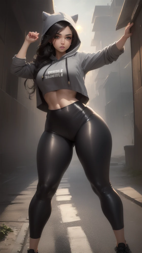 8k, highres, ultra detailed, (masterpiece:1.4), best quality, symmetrical body, a beautiful 18 year old girl, (cropped grey cotton hoodie with lettering:1.5), (leather leggins:1.5), full body shot, cute, solo, long hair, brown hair, blue eyes, glow effect,...