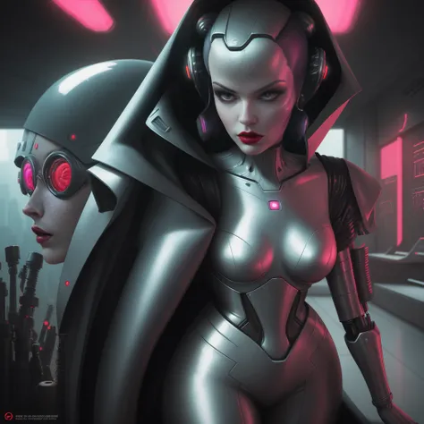 A close-up of a woman adorned with a futuristic helmet and red lipstick, embodying the cyberpunk essence of Jackie Welles, CGSociety 9, in a retro-futurism style. A stunning android woman, captured in a portrait that reflects retro futuristic fashion, remi...