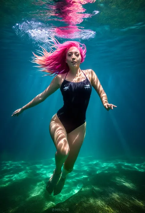 beautiful woman with long pink hair, in a balck bikini swimming under water, swimming underwater, Swimming underwater, swimming underwater, underwater light rays, subaquatic photography, floating underwater in a lake, floating under the water, underwater g...