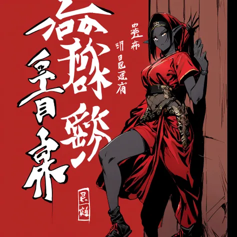 Full body image, Black skin elf female and elf male, shining red, street clothing, Black and red background, serious face, against on wall, Japanese writing on the edges, written Shangri-La, manhwa manga style hand drawing