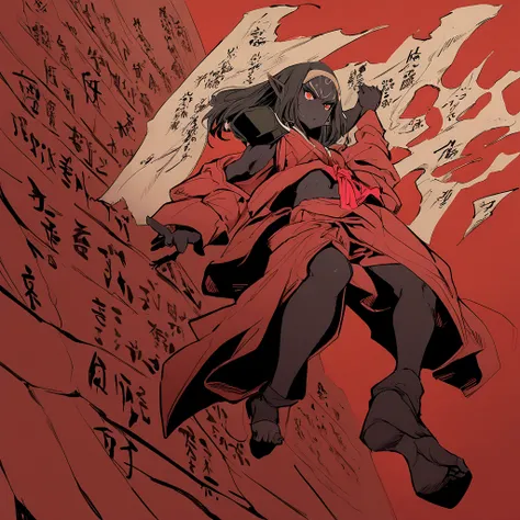 Full body image, Black skin elf female and elf male, shining red, street clothing, Black and red background, serious face, against on wall, Japanese writing on the edges, written Shangri-La, manhwa manga style hand drawing