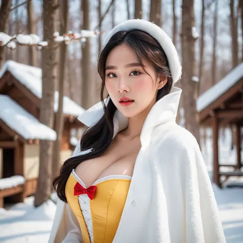 A young 18 year old korean women with massive boob in snow white contume, photorealistic,cinematic, high resolution, dynamic pose, natural liting, realistic, hot sexy pose