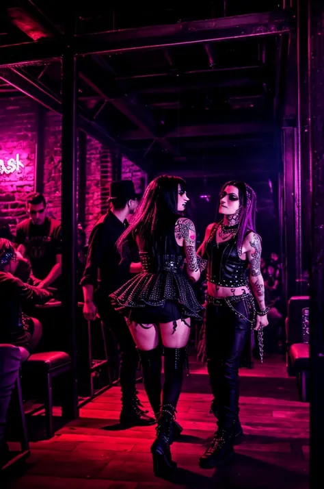 Crowded Goth style night club with Paintings of bats and castles on the walls. and Goths dancing with punk rockers and emo kids. Foggy neon lights. Industrial goth. Chains and spikes. Black metal music. Bar and dance floor.