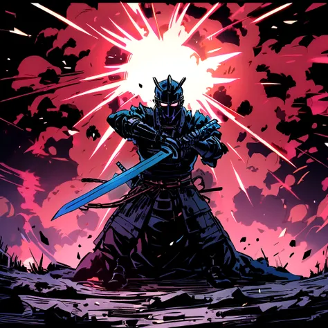 Samurai drawing sword Half kneeling stance Wick face in front Mechanical ascension There is an explosion scene behind the sword light 4K color is blue