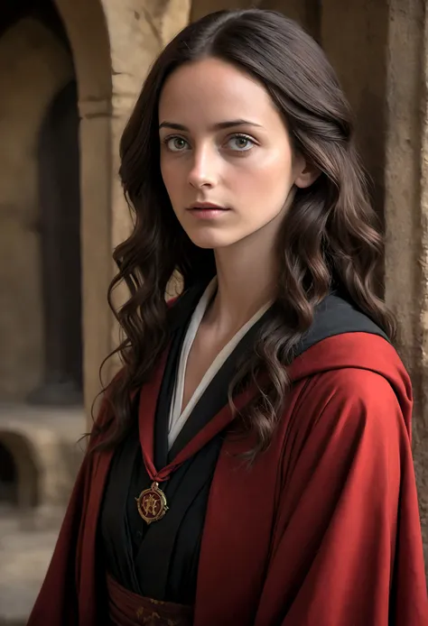 ((medium close-up))),1girl in,8K, Raw photography, top-quality, ​masterpiece, realisitic,Robes,wearing black wizard robes, magic , looks like an aged 29 Kaya Scodelario, aged 34, wearing robes and neckties, hogwarts style, wearing red sorcerers robes, High...