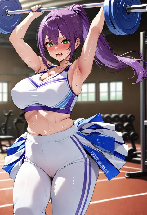 Gym, Exercis,(Cheerleader), hot, sweating, Sweaty,, huge , teeth, lift, ponytail, Purple Hair, White sports bra、White sports pants、Green Eyes、Underarm、