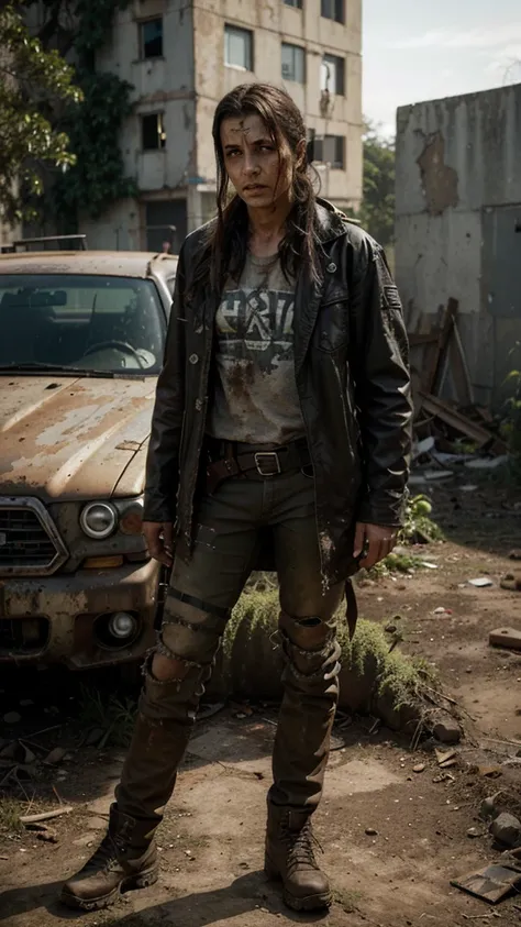 Crie uma imagem ultra realista de um personagem original de The Walking Dead. The character must be a survivor in a post-apocalyptic world, worn out by fighting zombies and daily survival. He or she must have a strong and determined appearance, with expres...