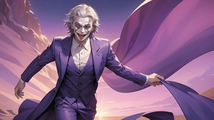 Portrait of a man in his 40s、standing、silver hair、the joker、purple dress , smile open mouth , Long body、 、desert background、