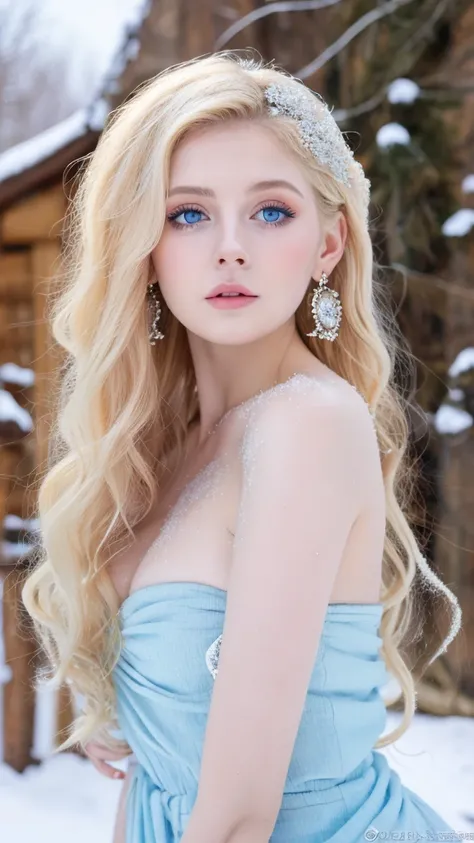 Beautiful girl, blue eyes, long curly white hair witg, detailed facial traits, beautiful earrings, national white turkic female dress (Chuvash), naked breasts, yurta behind, its snowing, sexy pose