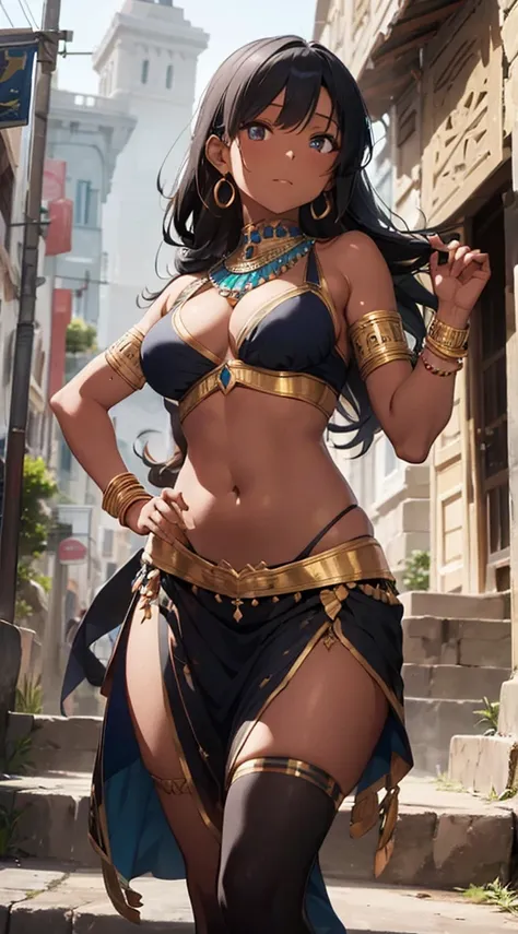 a woman in a traditional egyptian outfit and blue jewelry standing on some steps, 1girl, jewelry, solo, dark-skinned female, navel, dark skin, long hair, armlet, hand on hip, earrings, midriff, black hair, bracelet, breasts, skirt