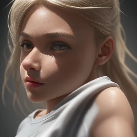 A girl dressed in a t-shirt, depicted with photo-realistic, hyper-realistic, and realistic textures, enhanced by smoother and cinematic lighting at a 32K resolution. The composition includes realistic lighting with backlighting, light on the face, and ray ...