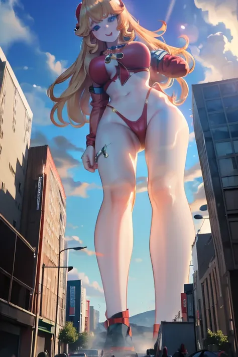 Giant Girl 50,000 feet high，Have a pair of long legs，Have a pair of huge breasts，Wearing a red bikini，Waist-length blonde hair，Loose hair，Wear a pair of Mary Janes，Blonde curly hair，Full of enjoyment，Standing tall in a crowded city, Vandalism，It seems to b...