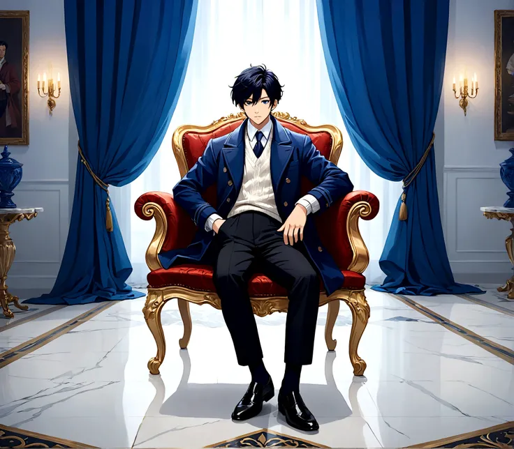 1boy，Black Hair，White sweater，Blue coat，Gorgeous chairs，Marble Flooring，blue curtains，Male focus，Sitting，solo