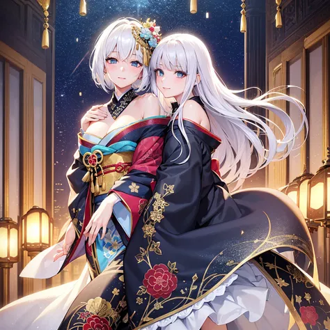 Highest quality,White Hair,short hair,Wearing beautiful hair ornaments,Blue sparkling eyes,A kimono with a black base and glittering gold, red, and blue brocade patterns,Less exposed skin,Young and pretty woman,Staring straight ahead,Smiling,Embarrassed ex...