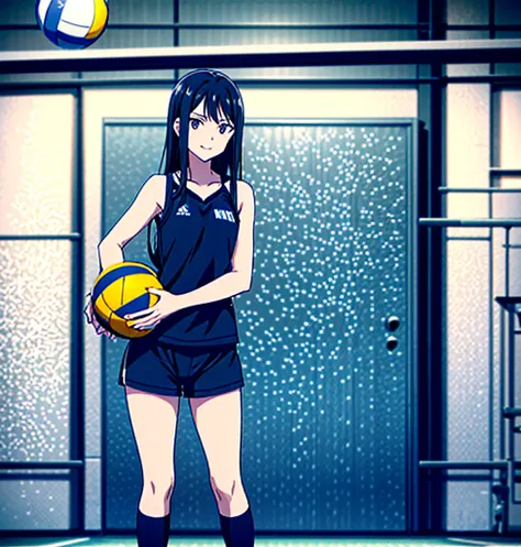 17-year-old girl, very dark black hair. She has a long hair, at shoulder height. It doesnt have bangs. Pale skin. She puts a small smile on her face and wears a volleyball uniform. The uniform is navy blue and black. Hes wearing shorts, the uniform tank to...