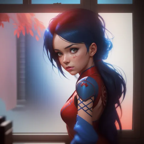 A crafted image of a girl in a red and blue costume looking out a window, in the styles of Wojtek Fus, Ross Tran, and CGSociety, with a realistic anime 3D style, reminiscent of Artgerm, Atey Ghailan, and Ilya Kuvshinov, in 4K resolution, inspired by cinema...