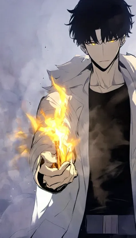 Handsome, alone, male, Short hair, Calm head, black hair, yellow eyes, black shirt, black pants, white long coat, yellow flame, holding a katana in one hand, relaxed expression,