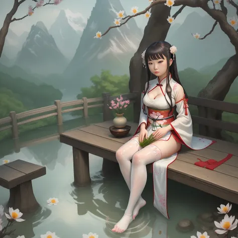 hanfu, 1 girl, medium breasts, cleavage, mountain, soaking feet, sitting, Chinese park background,white thighhighs,Clear water,(feet:1.3), too many flowers,  