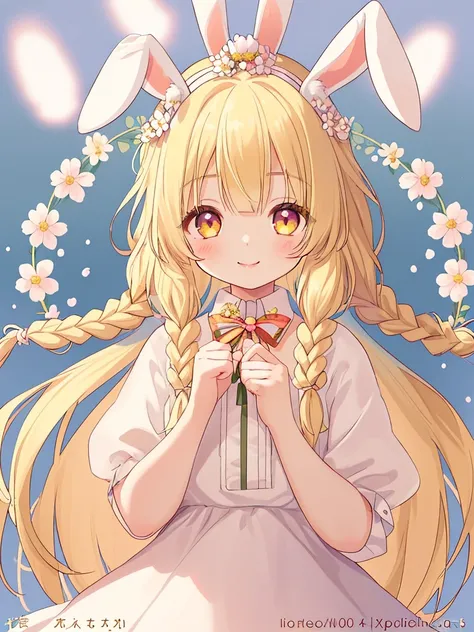 1 girl, alone, childs long hair, looking at viewer, standing apart, smile, bangs, blonde hair, hair ornament, holding, animal ears, light blonde eyes, upper body, braid, flower, hair flower , bunny ears, twin braids, lips, animal , watermark, rabbit, head ...