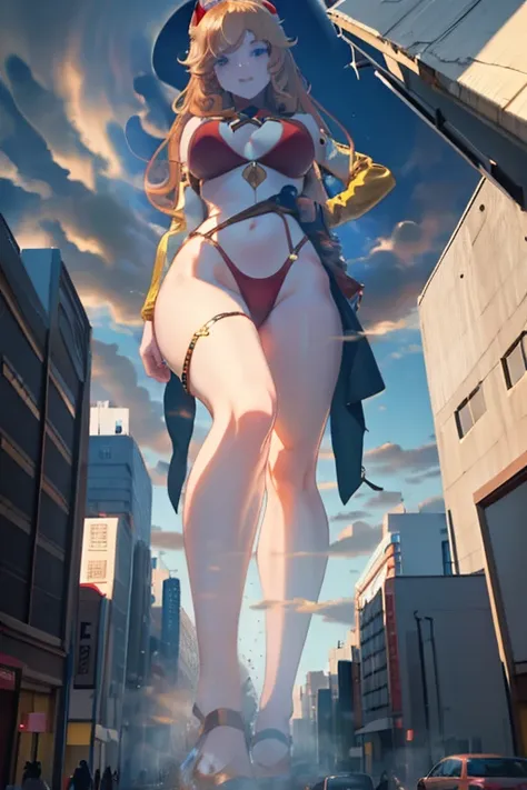 Giant Girl 50,000 feet high，Have a pair of long legs，Have a pair of huge breasts，Wearing a red bikini，Waist-length blonde hair，Loose hair，Wear a pair of Mary Janes，Blonde curly hair，Full of enjoyment，Standing tall in a crowded city, Vandalism，It seems to b...